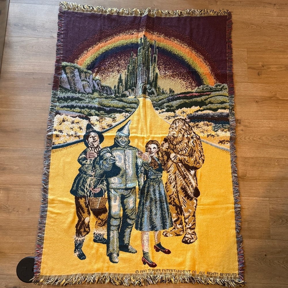 Vintage 1993 Turner Wizard of Oz Woven Tapestry Throw Blanket Yellow Brick Road